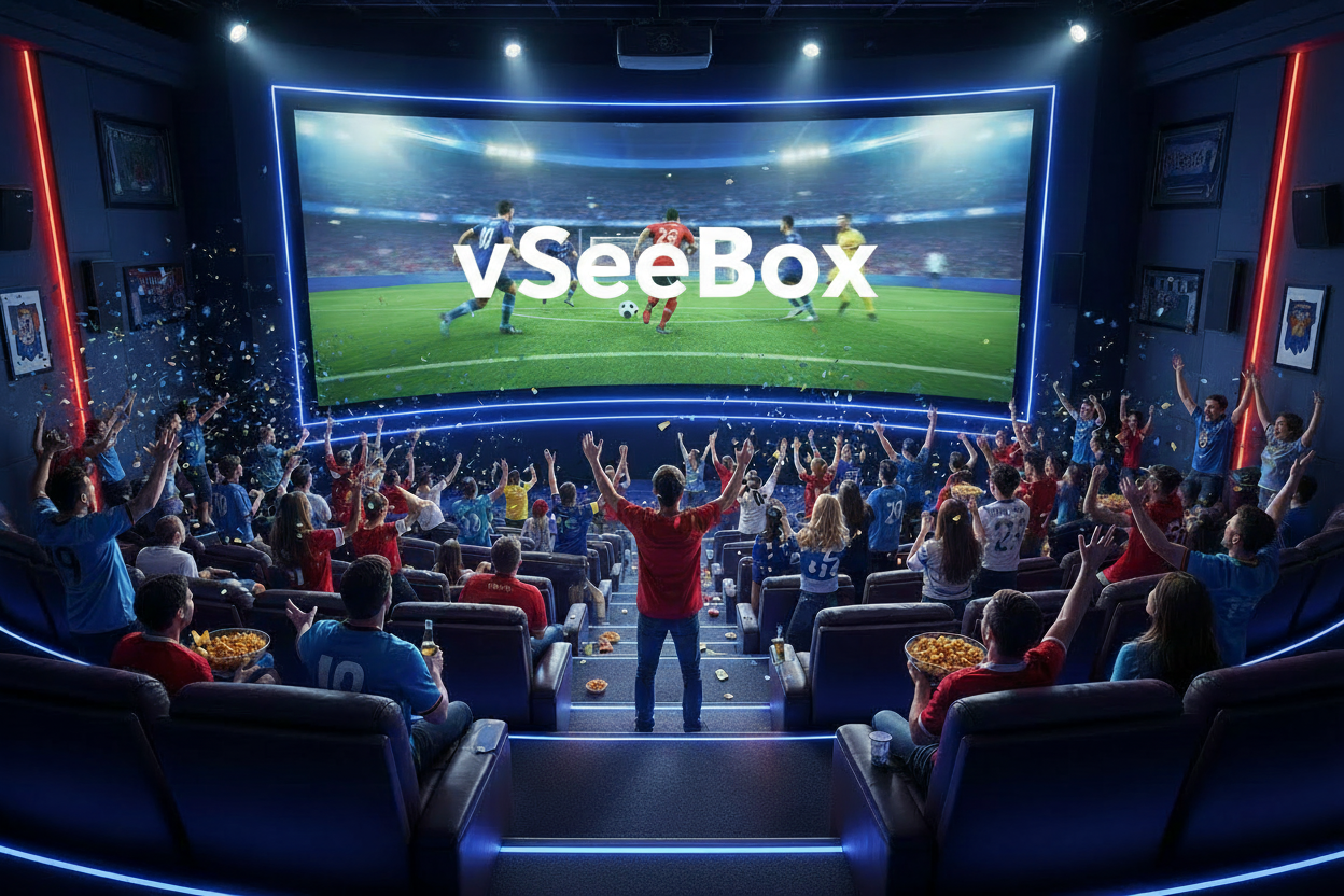 Group watching sports with vSeeBox on screen